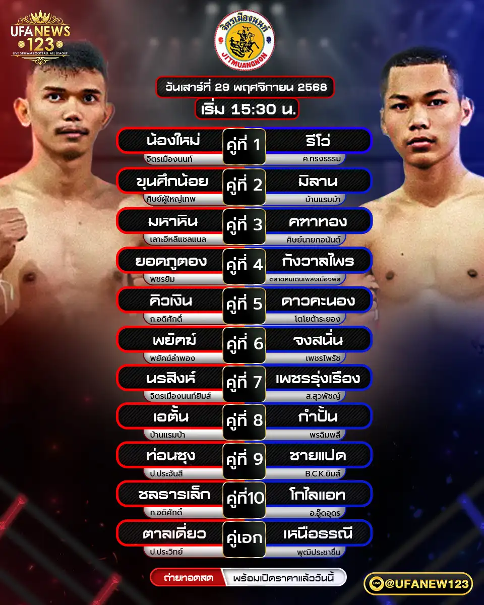 โปรแกรมมวยประจำวันที่ 29 พฤศจิกายน 2568 | ศึกจิตรเมืองนนท์ เริ่มเวลา 17.00 น.