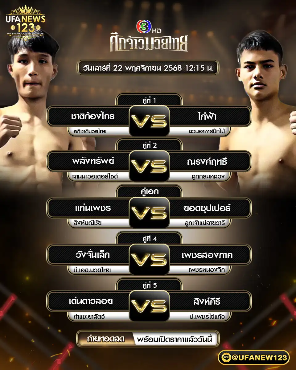 โปรแกรมมวยประจำวันที่ 22 พฤศจิกายน 2568 | ศึกจ้าวมวยไทย เริ่มเวลา 12.30 น.
