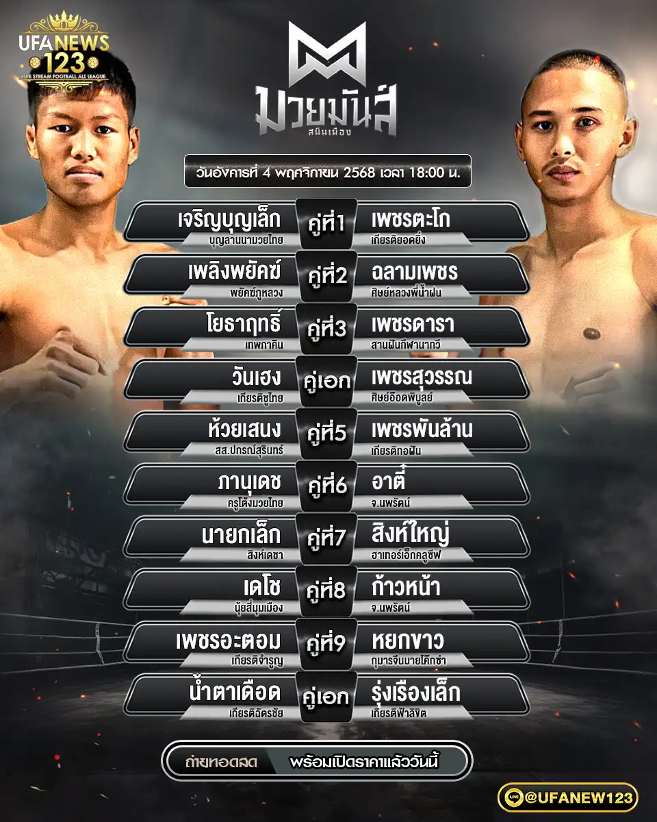 โปรแกรมมวยประจำวันที่ 04 พฤศจิกายน 2568 | มวยมันส์สนั่นเมือง เริ่มเวลา 18:00 น.