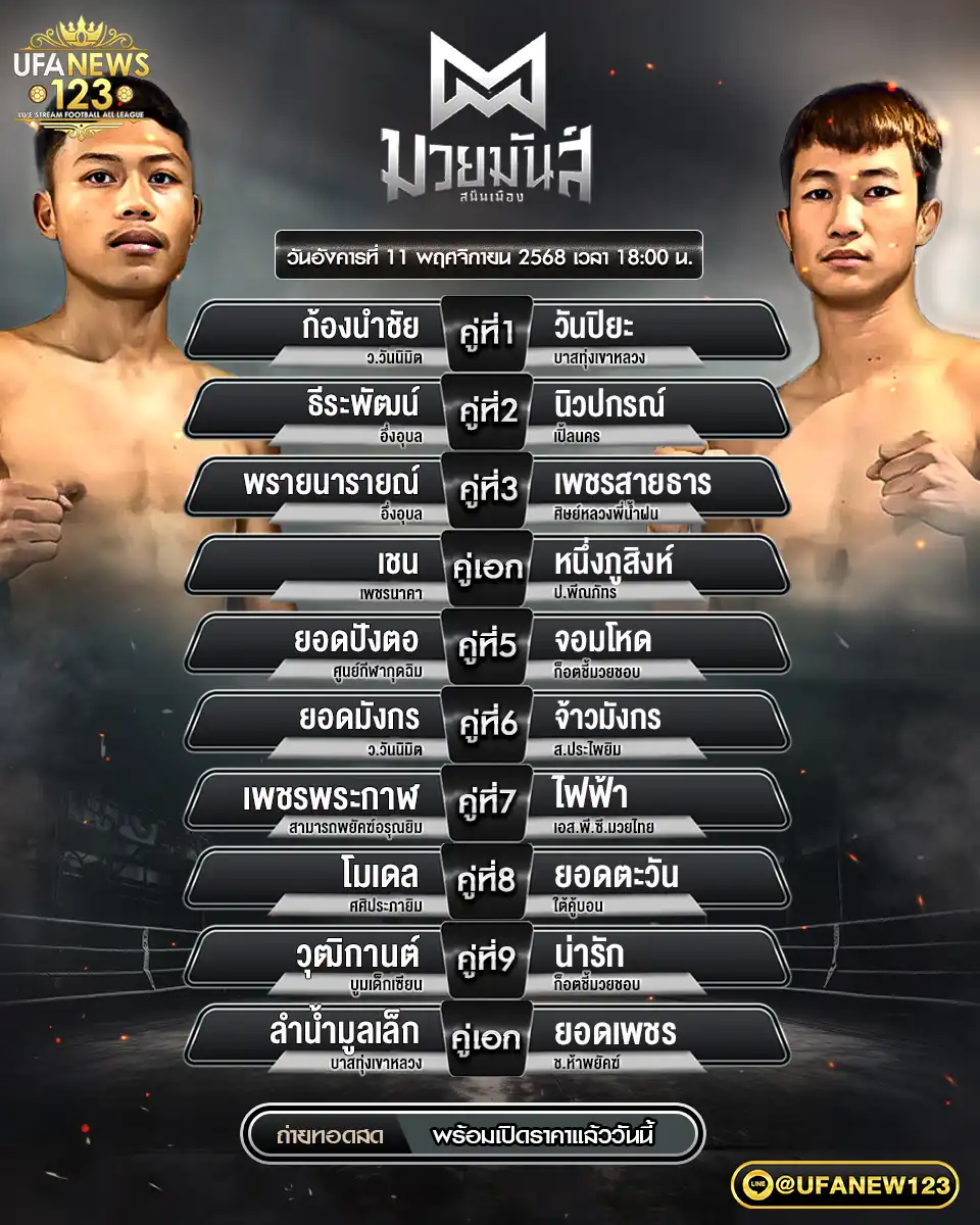 🥊 โปรแกรมมวยประจำวันที่ 11 พฤศจิกายน 2568 | ศึกมวยมันส์สนั่นเมือง เริ่มเวลา 18.00 น.