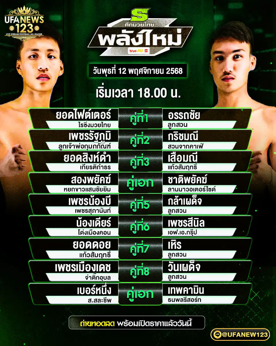 🥊 โปรแกรมมวยประจำวันที่ 12 พฤศจิกายน 2568 | ศึกมวยไทยพลังใหม่ เริ่มเวลา 18.00 น.