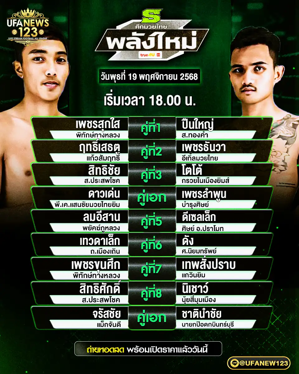 🥊 โปรแกรมมวยประจำวันที่ 19 พฤศจิกายน 2568 | ศึกมวยไทยพลังใหม่ เริ่มเวลา 18.00 น.