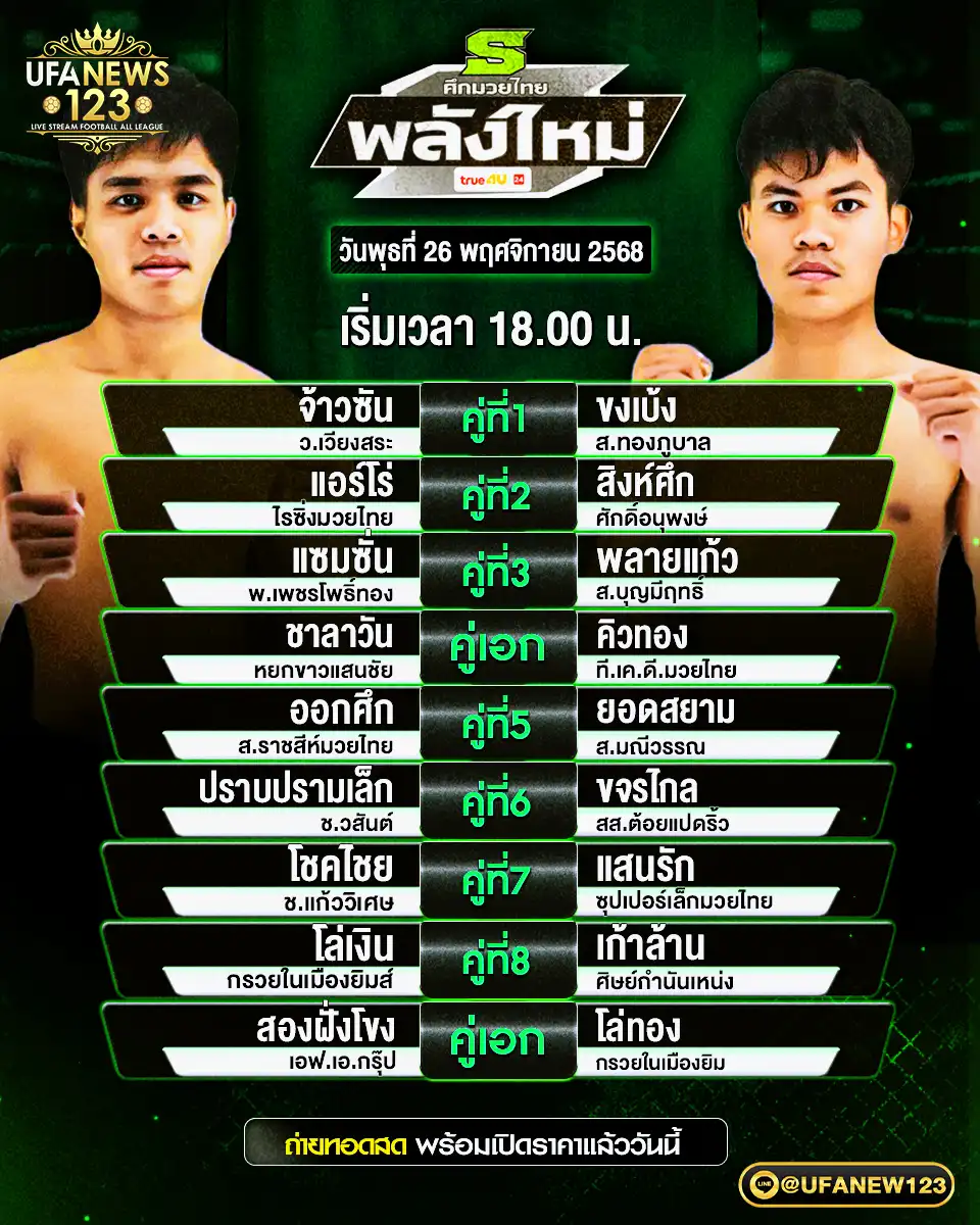 รายละเอียดโปรแกรมมวยไทยประจำวันที่ 26 พฤศจิกายน 2568 | ศึกมวยไทยพลังใหม่ เริ่มเวลา 18.00 น.