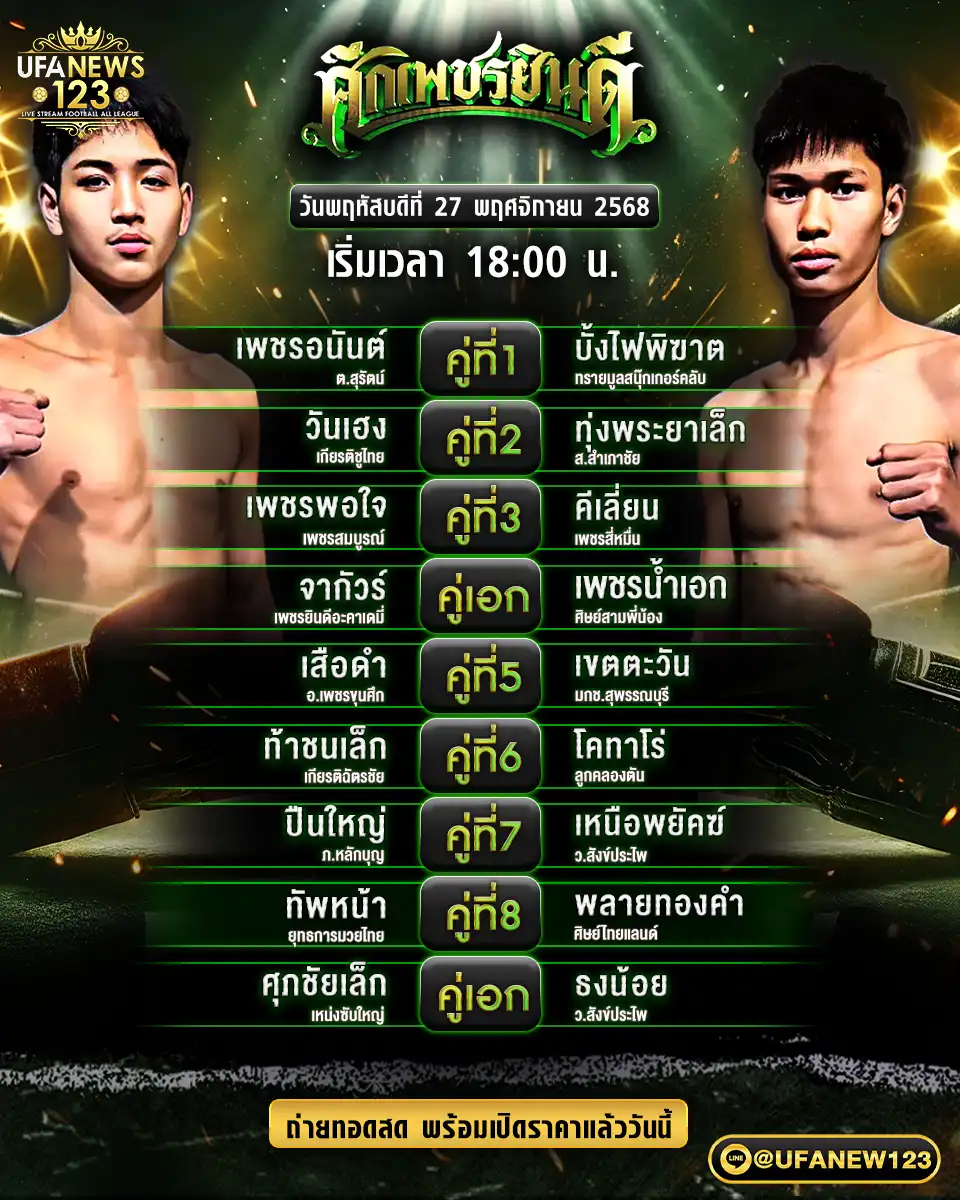 โปรแกรมมวยประจำวันที่ 27 พฤศจิกายน 2568 | ศึกเพชรยินดี เริ่มเวลา 18.00 น.