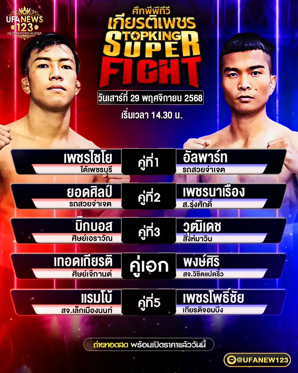 โปรแกรมมวยประจำวันที่ 29 พฤศจิกายน 2568 | ศึกไทยเกียรติเพชร เริ่มเวลา 14.30 น.