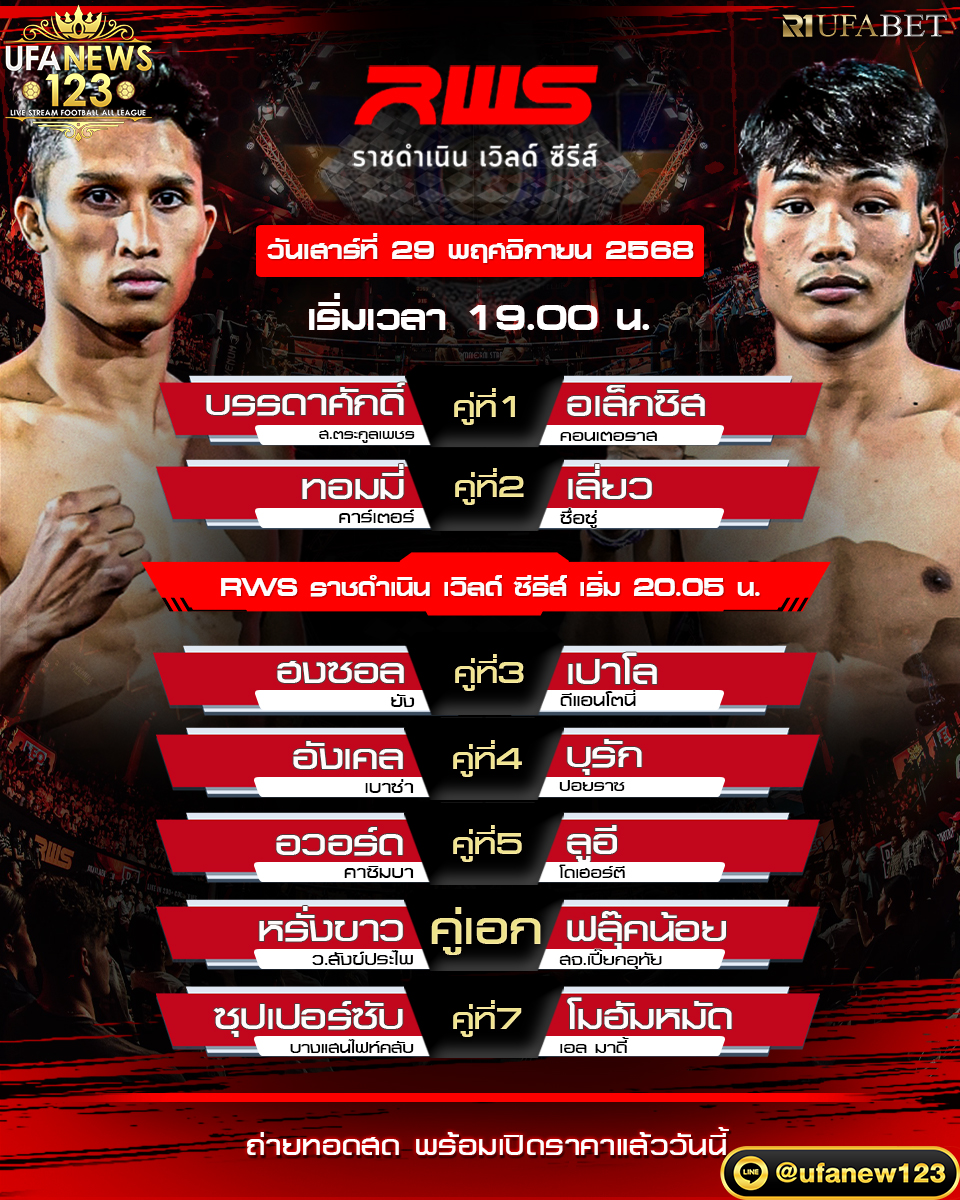 โปรแกรมมวยไทย ราชดำเนิน เวิลด์ ซีรี่ส์ วันเสาร์ที่ 29 พ.ย.68 เริ่มเวลา 19.00 น