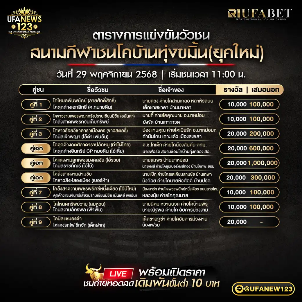 รายการโปรแกรมวัวชนประจำวันที่ 29 พฤศจิกายน 2568 | สนามกีฬาชนโคทุ่งขมิ้น(ยุคใหม่) เริ่มเวลา 11:00 น. 