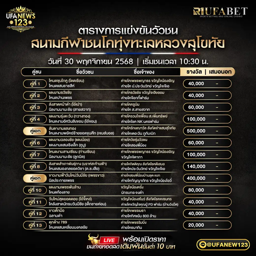 รายการโปรแกรมวัวชนประจำวันที่ 30 พฤศจิกายน 2568 | สนามกีฬาชนโคทุ่งทะเลหลวงสุโขทัย เริ่มเวลา 10:30 น.