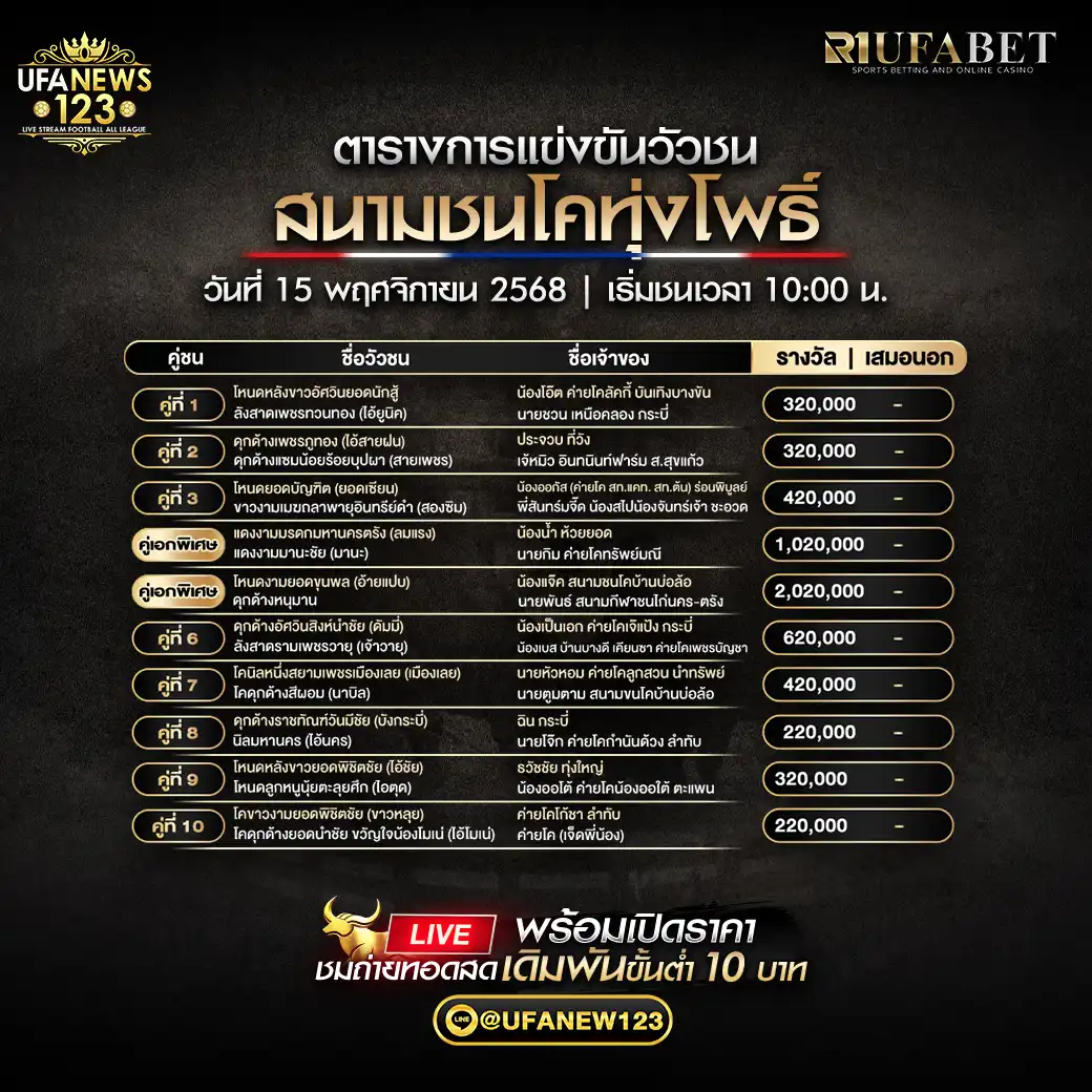 🐃 รายการคู่ชนประจำวันที่ 15 พฤศจิกายน 2568 | สนามกีฬาชนโคทุ่งโพธิ์ เริ่มเวลา 10:00 น.