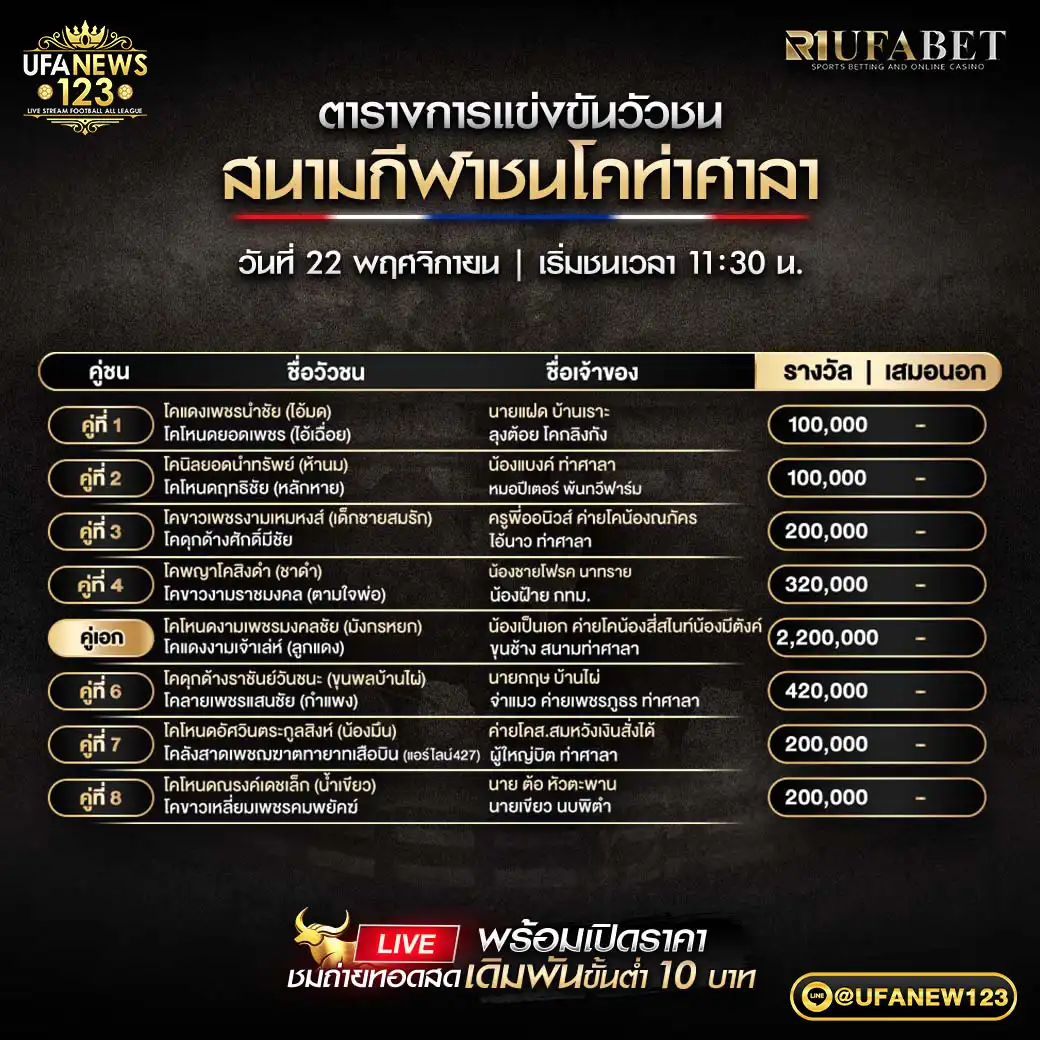 รายการโปรแกรมวัวชนประจำวันที่ 22 ตุลาคม 2568 | สนามกีฬาชนโคท่าศาลา เริ่มเวลา 11:30 น.