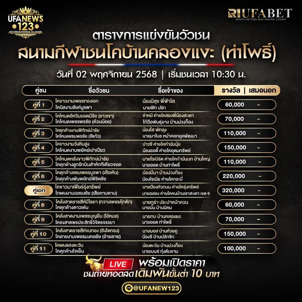 รายการแข่งขันวัวชนประจำวันที่ 02 พฤศจิกายน 2568 | สนามกีฬาชนโคบ้านคลองแงะ เริ่มเวลา 10:30 น.