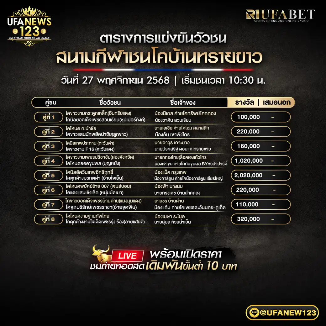 รายการโปรแกรมวัวชนประจำวันที่ 27 พฤศจิกายน 2568 | สนามกีฬาชนโคบ้านทรายขาว เริ่มเวลา 10:30 น. 