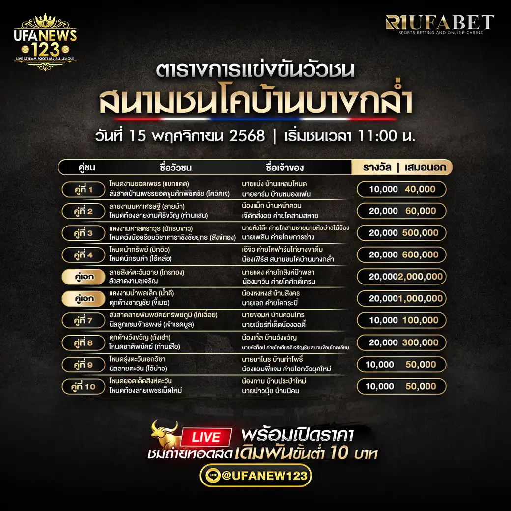 🐃 รายการคู่ชนประจำวันที่ 15 พฤศจิกายน 2568 | สนามกีฬาชนโคทุ่งโพธิ์ เริ่มเวลา 11:00 น.