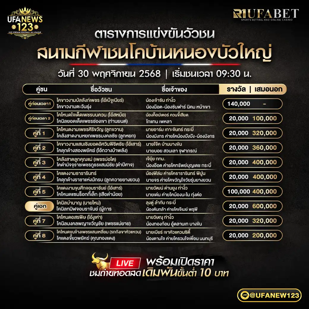 รายการโปรแกรมวัวชนประจำวันที่ 30 พฤศจิกายน 2568 | สนามกีฬาชนโคบ้านหนองบัวใหญ่ เริ่มเวลา 09:30 น.