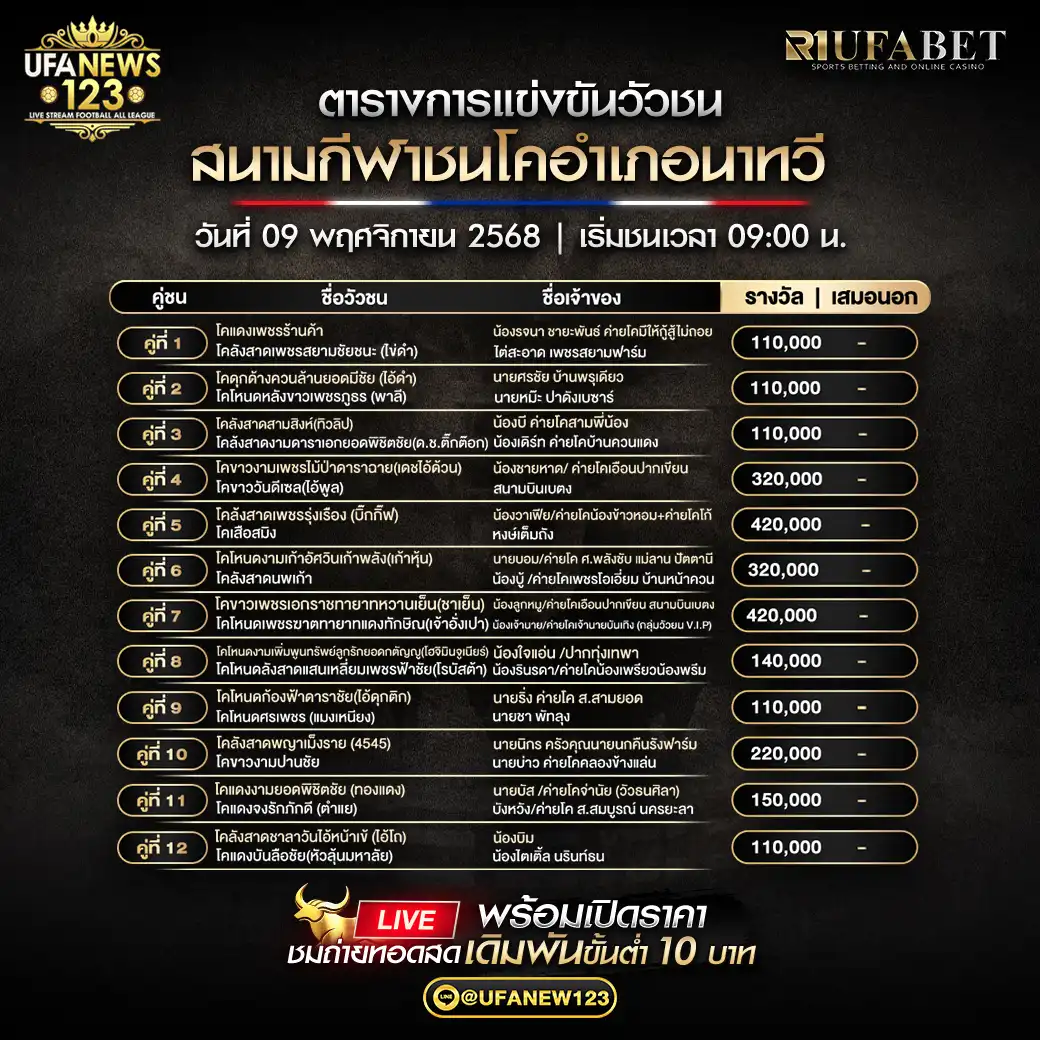 🐃 รายการคู่ชนประจำวันที่ 09 พฤศจิกายน 2568 | สนามชนโคอำเภอนาทวี เริ่มเวลา 09:00 น.