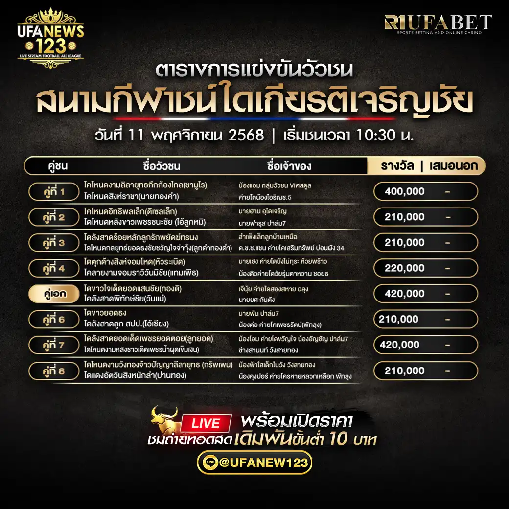🐃 รายการคู่ชนประจำวันที่ 11 พฤศจิกายน 2568 | สนามกีฬาชนโคเกียรติเจริญชัย เริ่มเวลา 10:30 น.