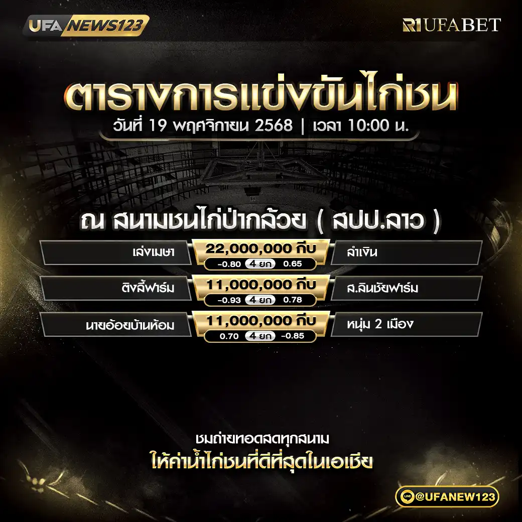 🐔 รายการคู่ชนประจำวันที่ 19 พฤศจิกายน 2568 | 19 พฤศจิกายน 2568 สนามชนไก่ชนป่ากล้วย(สปป.ลาว) เริ่มเวลา 10:00 น.
