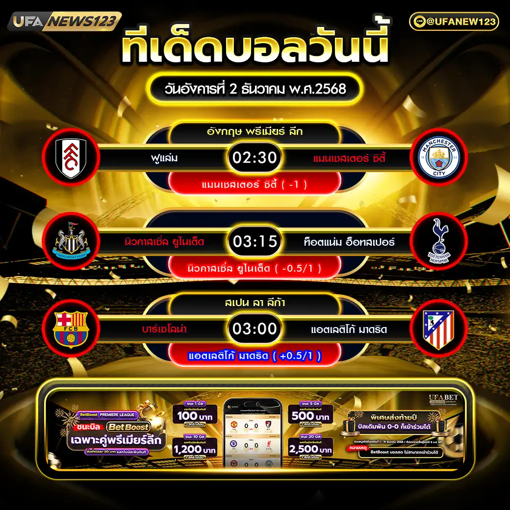 ทีเด็ดบอล แจกบอลสเต็ป 3 คู่ วันที่ 02 ธันวาคม 2568