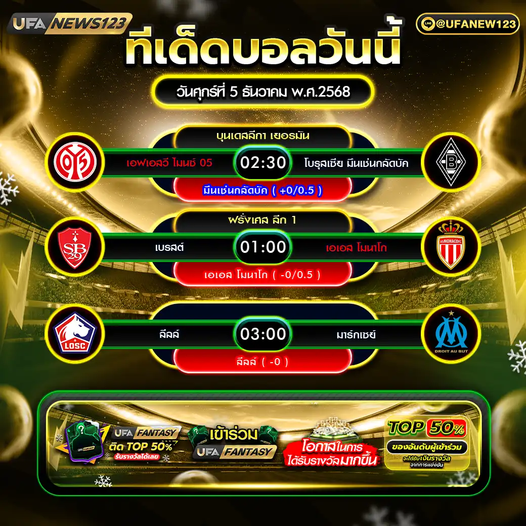 ทีเด็ดบอล แจกบอลสเต็ป 3 คู่ วันที่ 05 ธันวาคม 2568