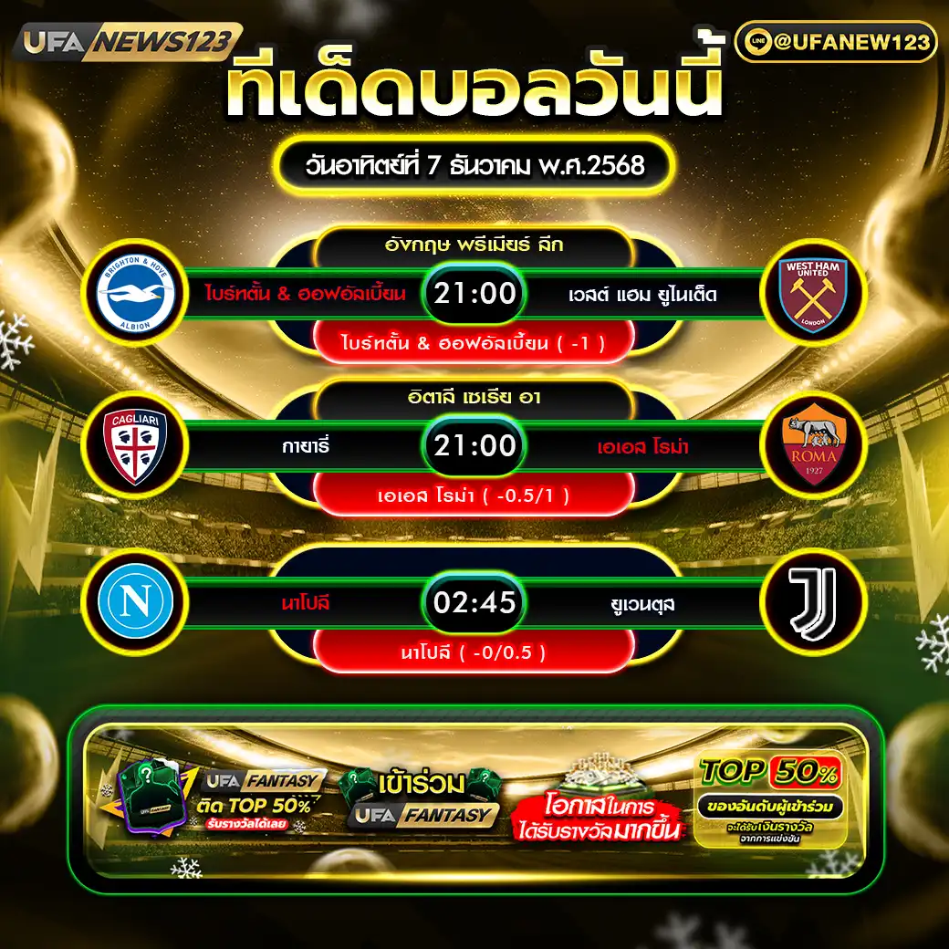 ทีเด็ดบอล แจกบอลสเต็ป 3 คู่ วันที่ 07 ธันวาคม 2568