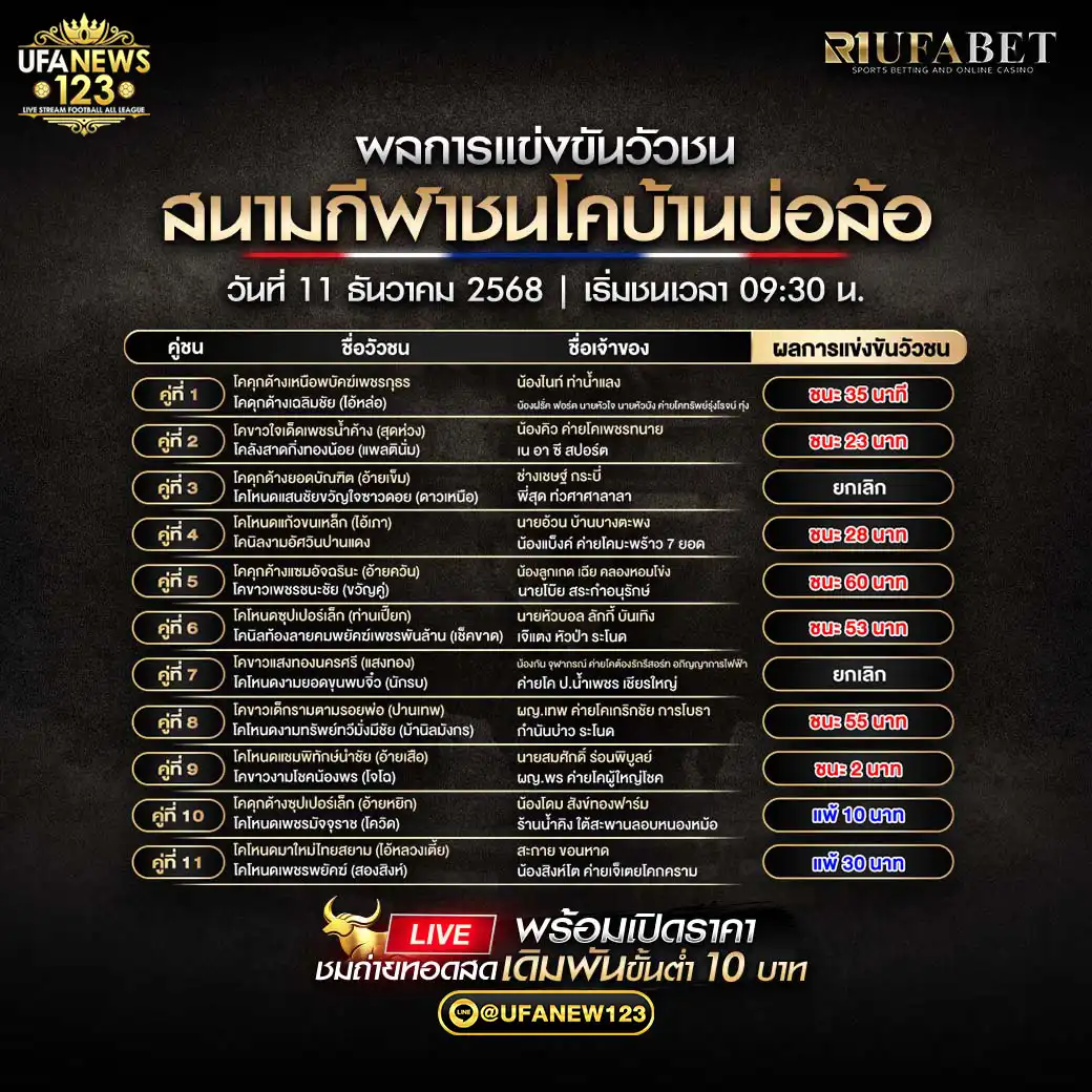 🐃 รายการผลวัวชนประจำวันที่ 11 ธันวาคม 2568 | สนามกีฬาชนโคบ้านบ่อล้อ