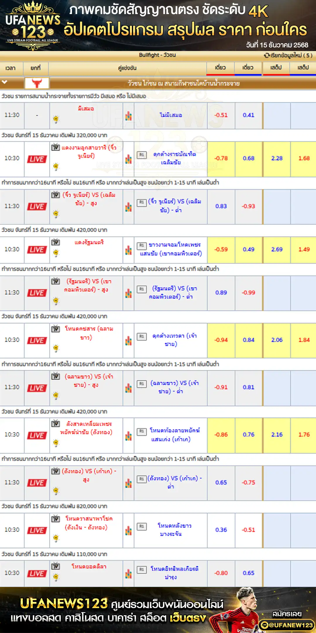 รายการคู่ชนและราคาวัวชน 15 ธันวาคม 2568 | สนามกีฬาชนโคบ้านน้ำกระจาย เริ่มเวลา 10:00 น.