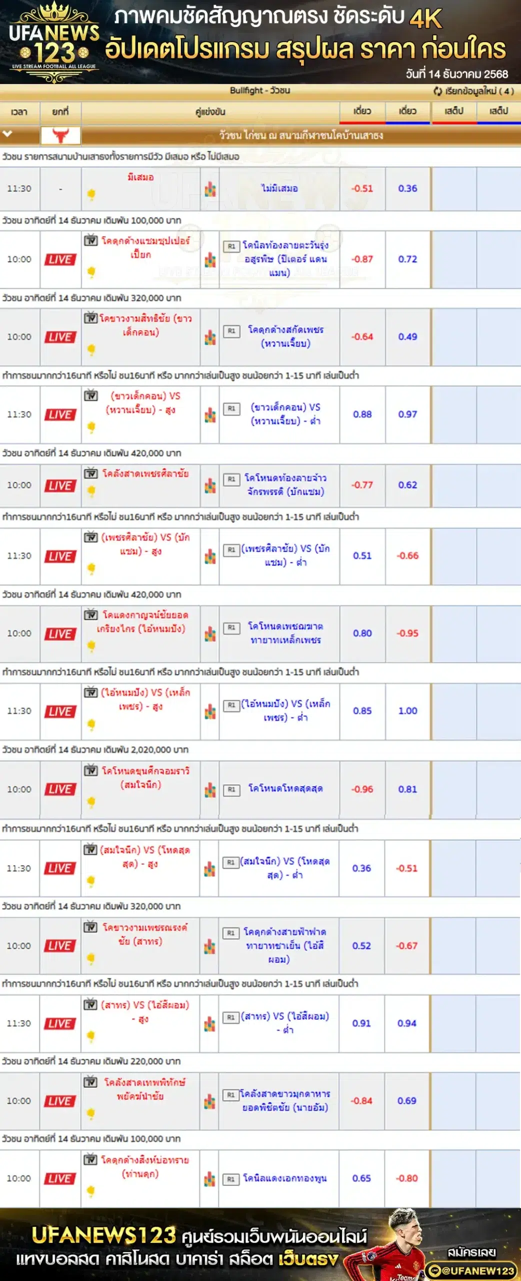 รายการคู่ชนและราคาวัวชน 14 ธันวาคม 2568 | สนามฬาชนโคบ้านเสาธงสเตเดี้ยม เริ่มเวลา 10:00 น.
