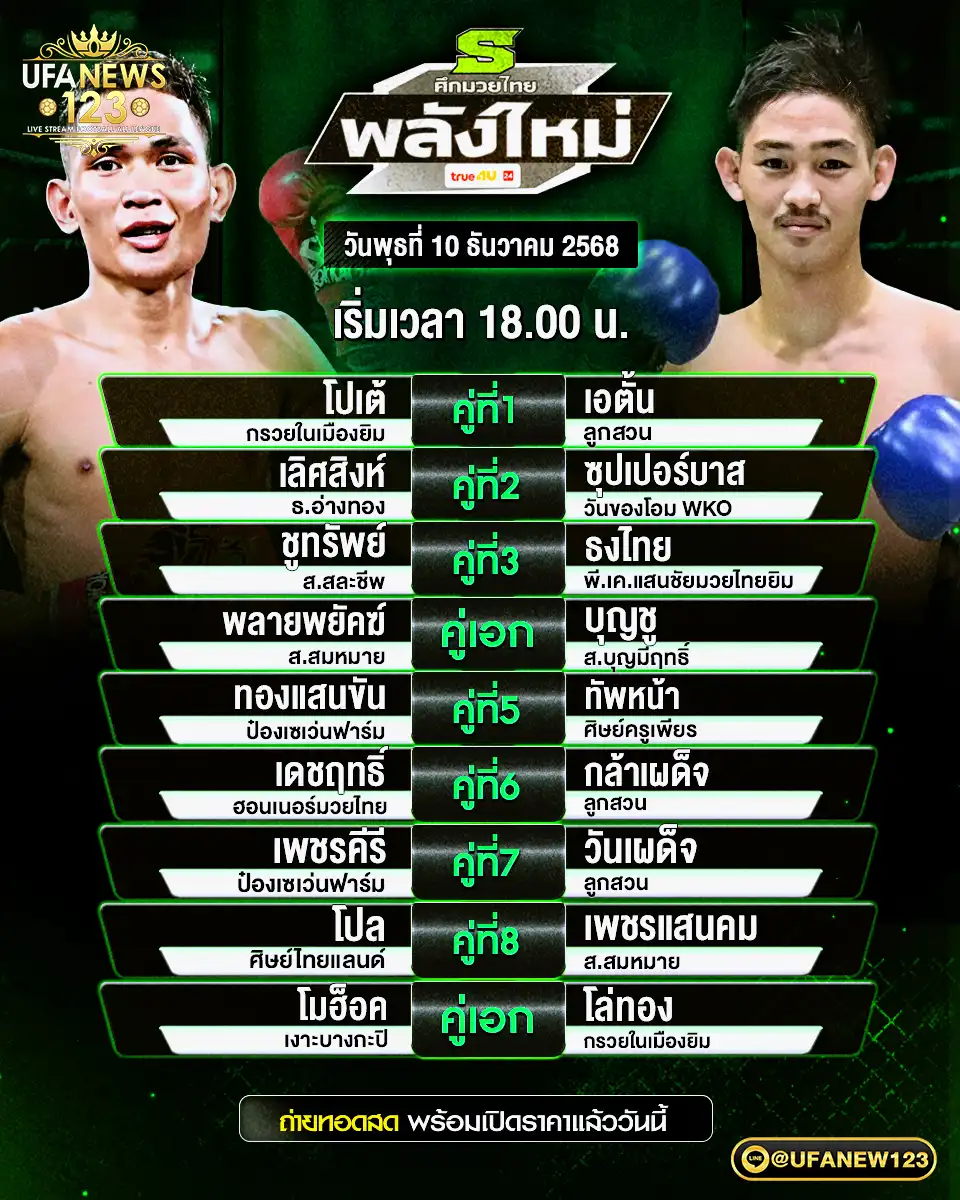 รายการคู่ชกประจำวันที่ 10 ธันวาคม 2568 | ศึกมวยไทยพลังใหม่ เริ่มเวลา 18:00 น.