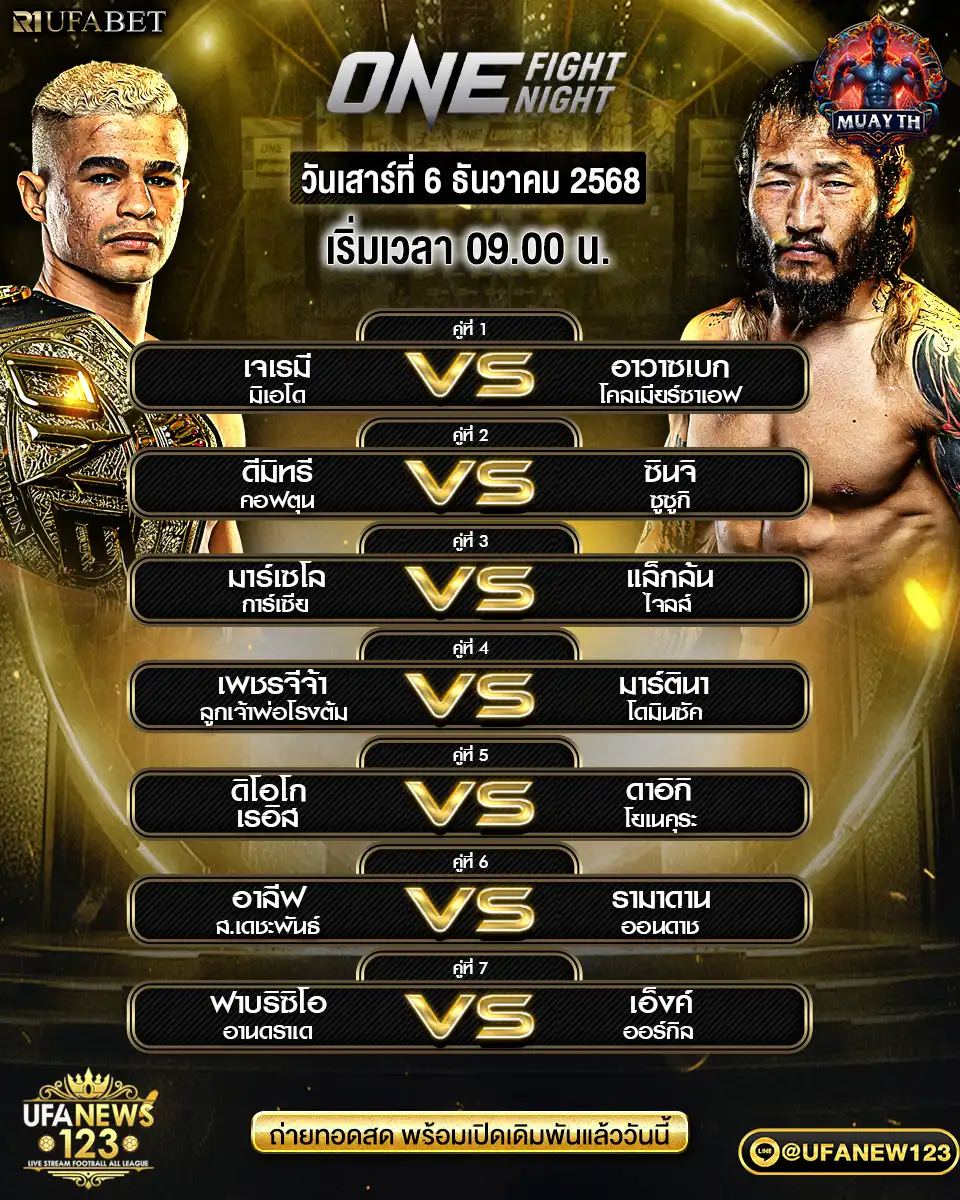 ถ่ายทอดสดมวยไทย เริ่มเวลา 09:00 น. เช็กโปรแกรมและราคามวยล่าสุด 06 ธันวาคม 2568