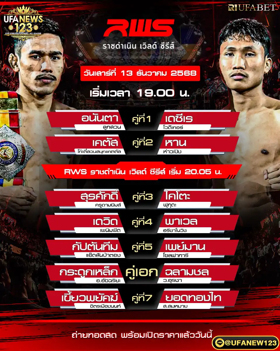 รายการคู่ชกประจำวันที่ 13 ธันวาคม 2568 – RWS ราชดำเนิน เวิลด์ ซีรีส์ เริ่มเวลา 19.00 น.