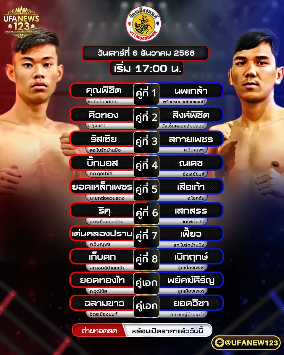🥊 รายการมวยประจำวันที่ 06 ธันวาคม 2568 | ศึกจิตรเมืองนนท์ เริ่มเวลา 17:00 น.