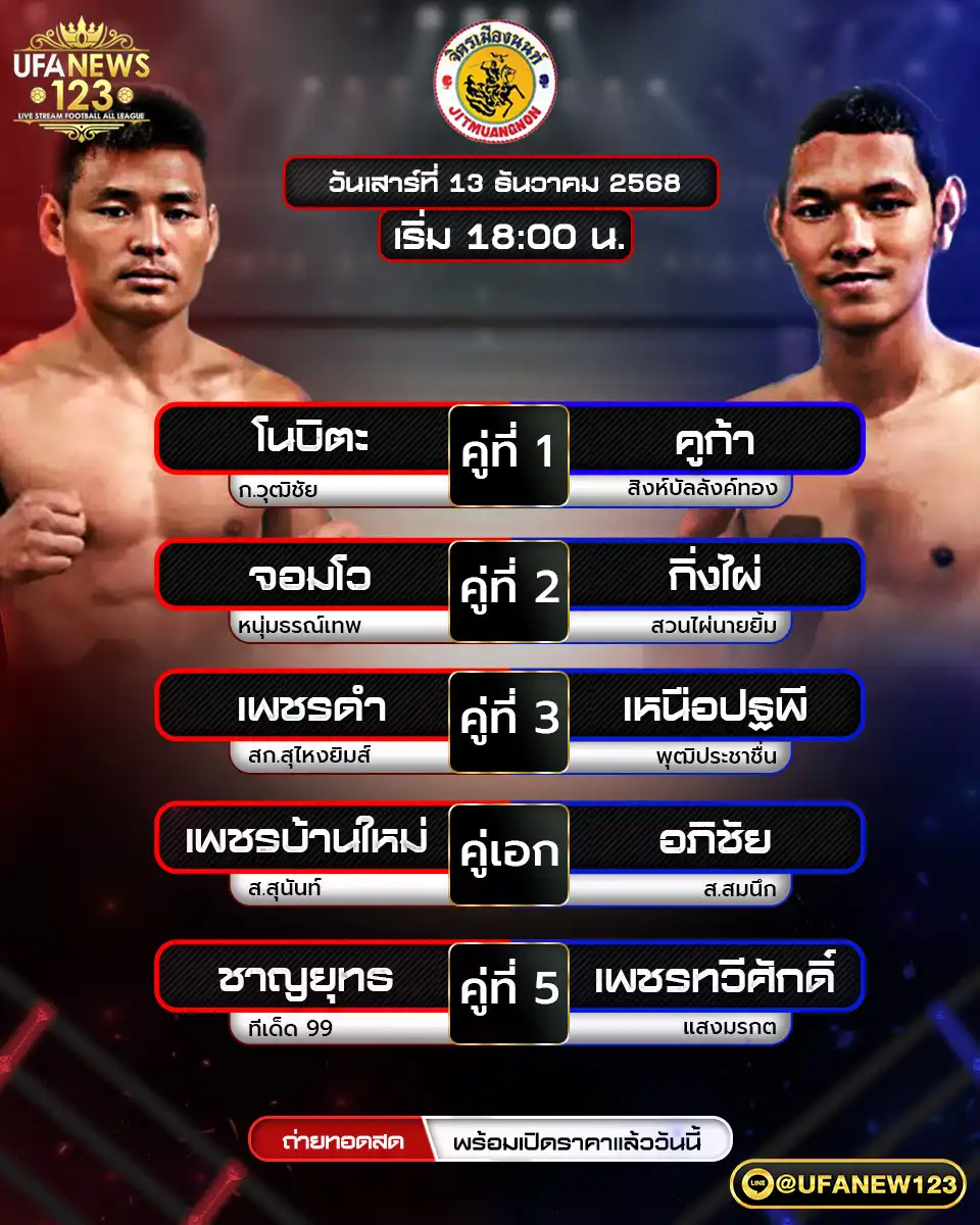 รายการคู่ชกประจำวันที่ 13 ธันวาคม 2568 | ศึกจิตรเมืองนนท์ เริ่มเวลา 17:00 น.