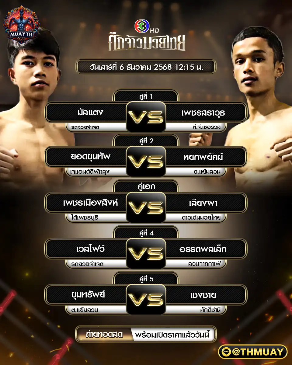 🥊 รายการมวยประจำวันที่ 06 ธันวาคม 2568 | ศึกจ้าวมวยไทย เริ่มเวลา 12:15 น.