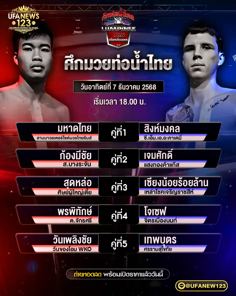 รายการโปรแกรมมวยประจำวันที่ 07 ธันวาคม 2568 | ศึกมวยท่อน้ำไทย เริ่มเวลา 18:00 น.