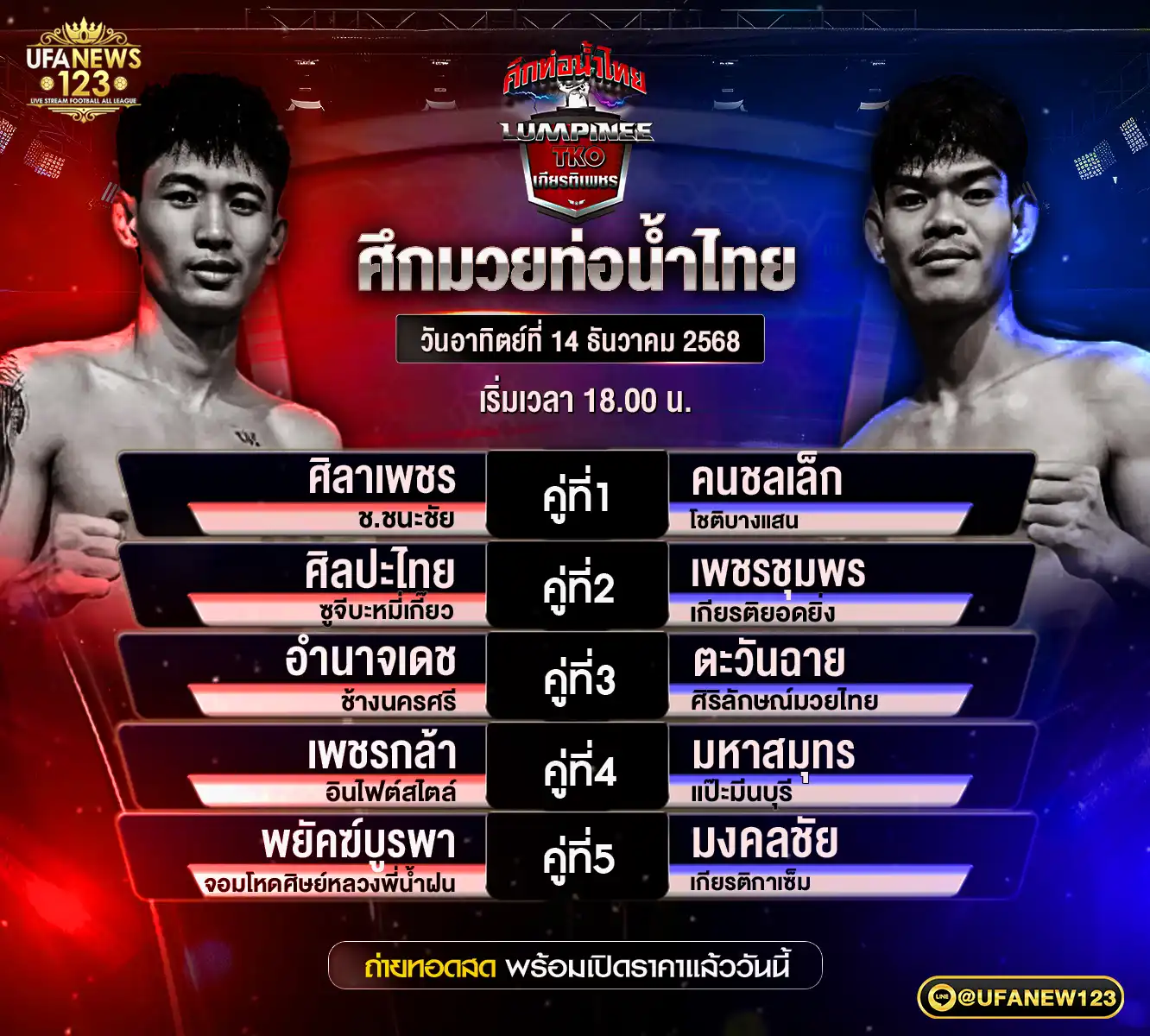รายการคู่ชกประจำวันที่ 14 ธันวาคม 2568 | ศึกมวยท่อน้ำไทย เริ่มเวลา 18:00 น.