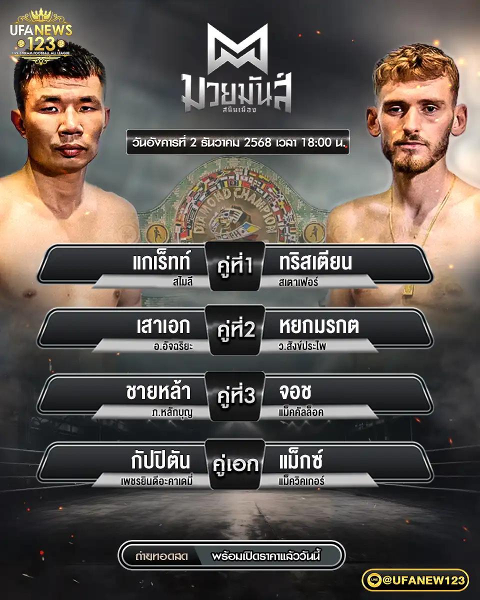 🥊 รายการคู่มวยประจำวันที่ 02 ธันวาคม 2568 | ศึกมวยมันส์สั่นเมือง เริ่มเวลา 18:00 น.