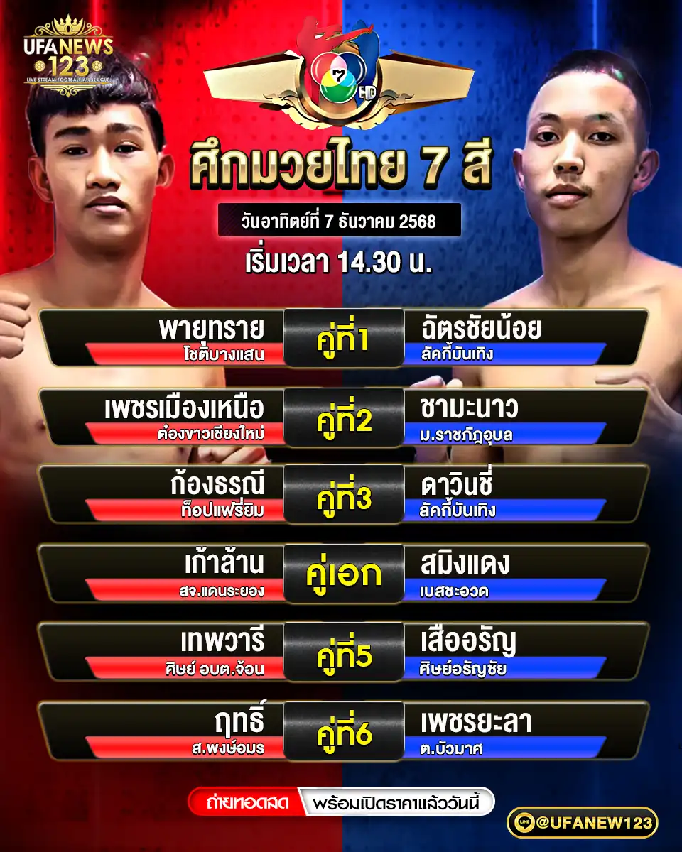 รายการโปรแกรมมวยประจำวันที่ 07 ธันวาคม 2568 | ศึกมวยไทย 7 สี เริ่มเวลา 14:30 น.