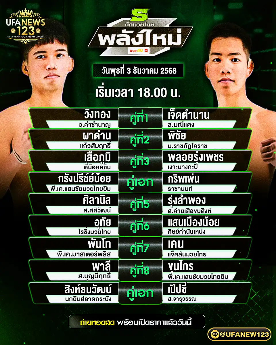 🥊 รายการคู่มวยประจำวันที่ 03 ธันวาคม 2568 | ศึกมวยไทยพลังใหม่ เริ่มเวลา 18.00 น.