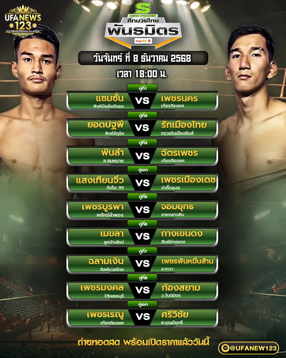 รายการคู่ชกประจำวันที่ 08 ธันวาคม 2568 | ศึกมวยไทยพันธมิตร เริ่มเวลา 18:00 น.