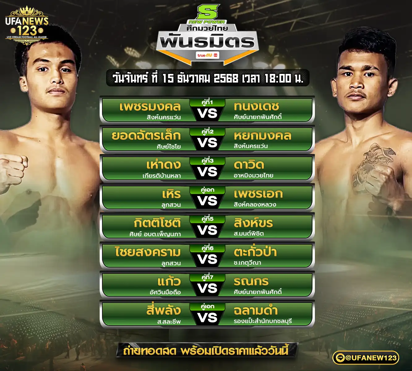 รายการคู่ชกประจำวันที่ 15 ธันวาคม 2568 – ศึกมวยไทยพันธมิตร เริ่มเวลา 18:00 น.