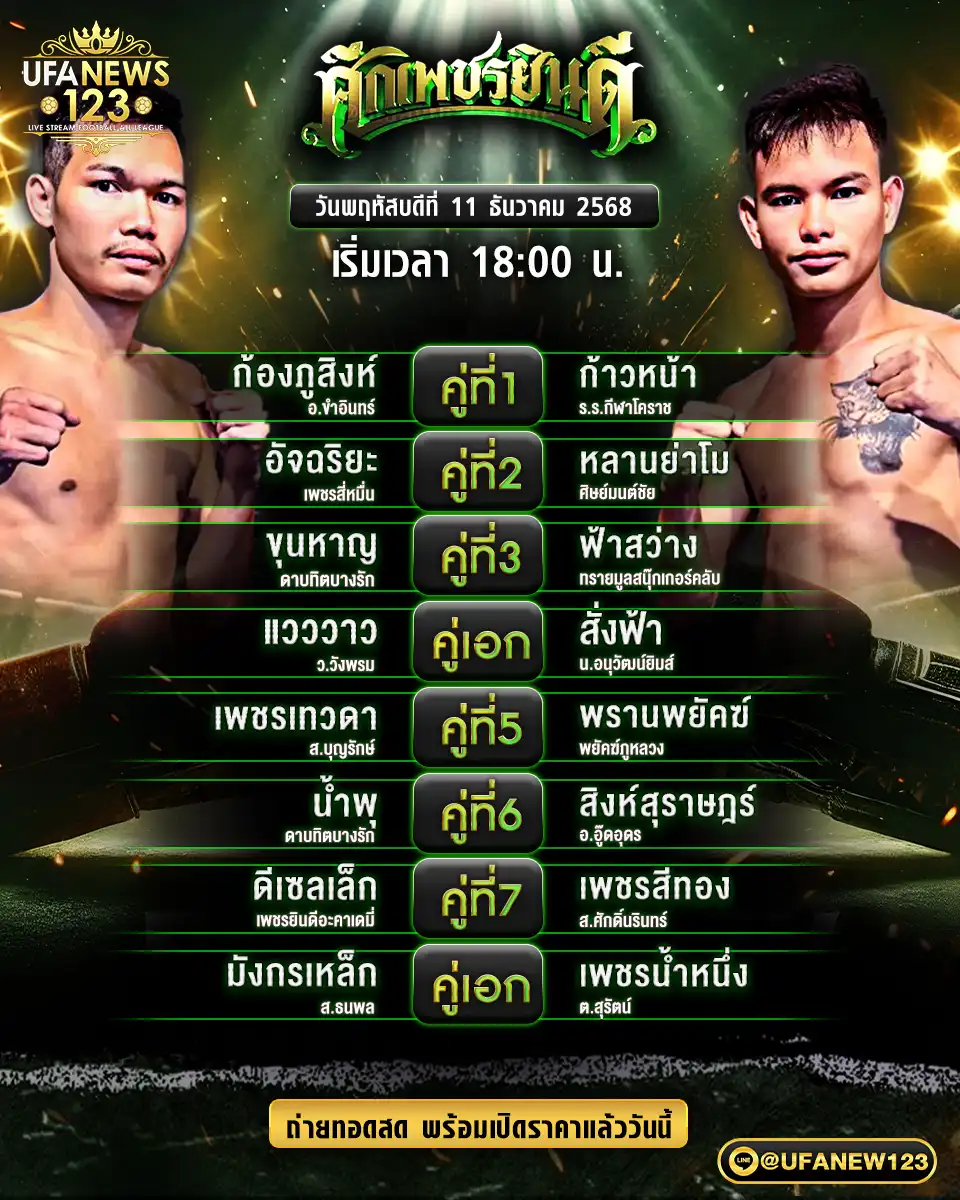 โปรแกรมมวยประจำวันที่ 11 ธันวาคม 2568 | มวยศึกเพชรยินดี เริ่มเวลา 18:00 น.